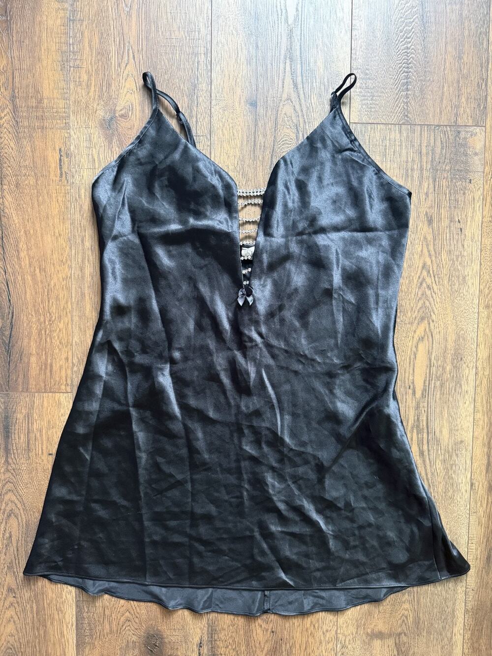 Y2K Boudoir Val Mode Black Satin Rhinestone Babydoll Chemise M